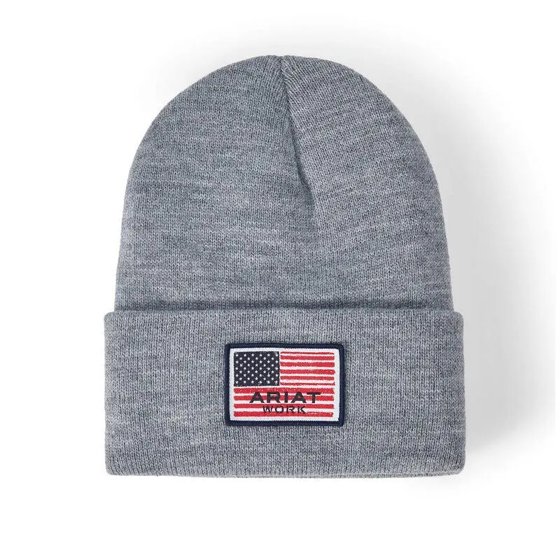 Ariat Men’s Grey Rebar American Flag Patch Stocking Cap Winter Hat 10041510