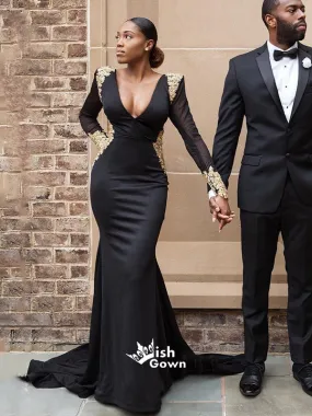 Black Satin Low Back  Gold Appliques V-neck Mermaid Evening Long Prom Dress With Trailing, WGP099