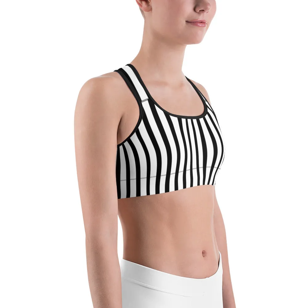 Black Vertically Striped Sports Bra, Women's Sports Fitness Gym Yoga Bra - Made in USA/EU