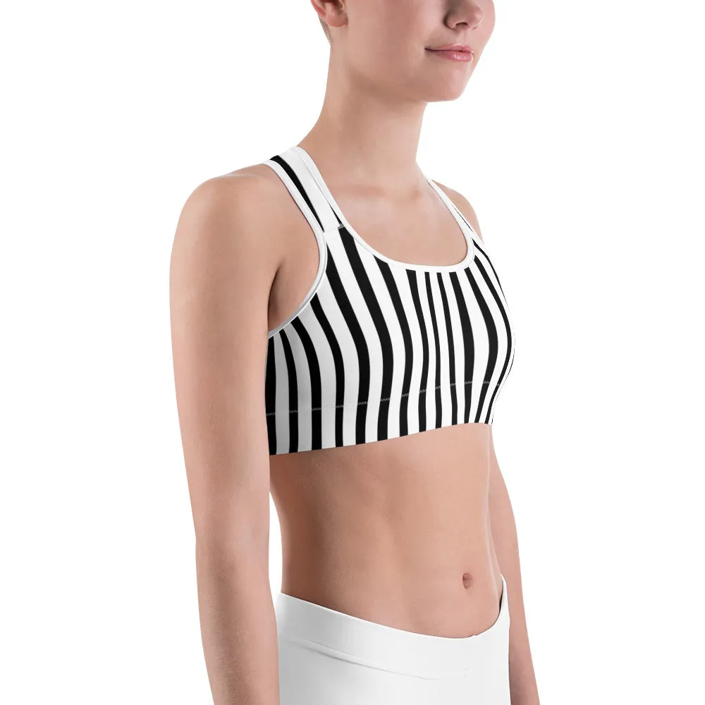 Black Vertically Striped Sports Bra, Women's Sports Fitness Gym Yoga Bra - Made in USA/EU