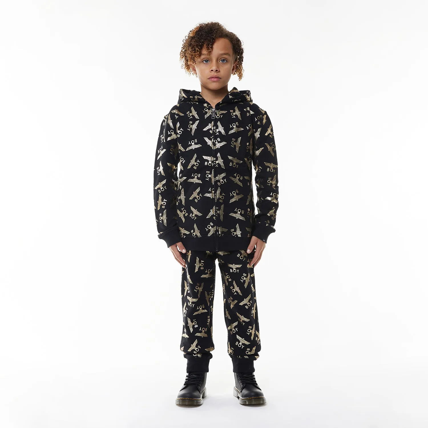 BOY REPEAT ZIP KIDS HOODIE - BLACK/GOLD