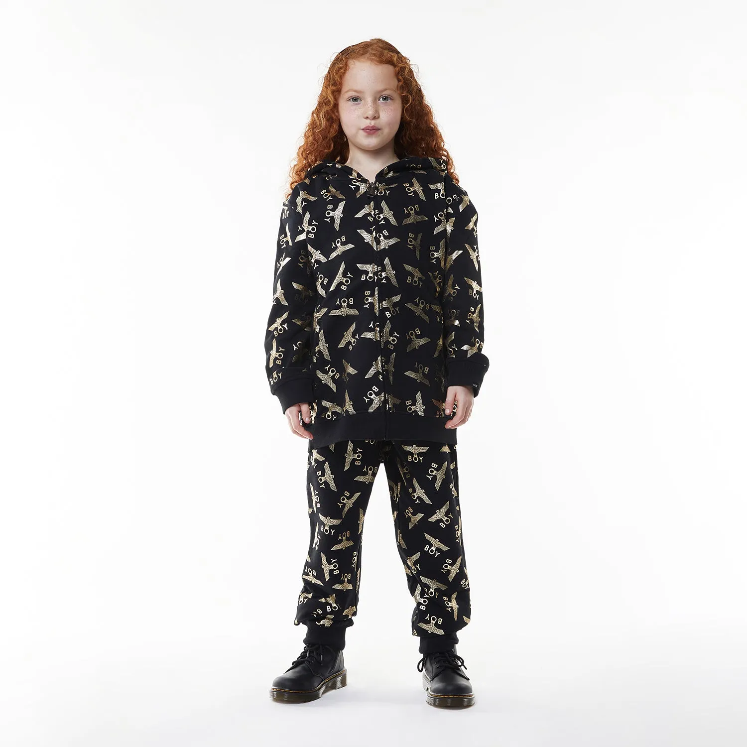 BOY REPEAT ZIP KIDS HOODIE - BLACK/GOLD