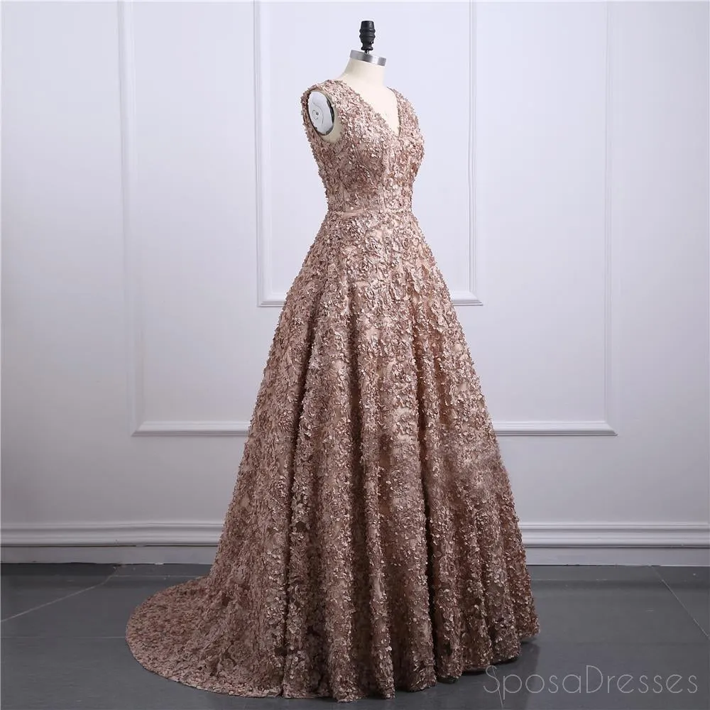 Brown Lace V Neckline A line Long Evening Prom Dresses, Popular Cheap Long Party Prom Dresses, 17243