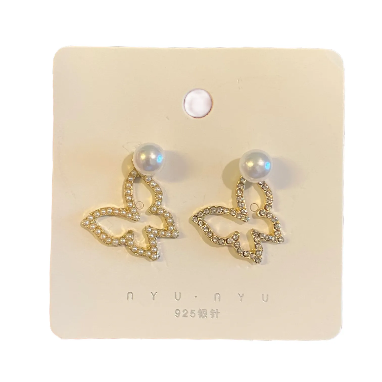 Butterfly Gold Tone Diamond & Pearl Earrings