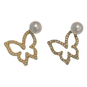 Butterfly Gold Tone Diamond & Pearl Earrings