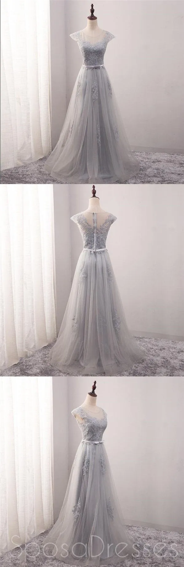 Cap Sleeve Scoop Neckline Gray Lace Evening Prom Dresses, Popular Lace Party Prom Dresses, Custom Long Prom Dresses, Cheap Formal Prom Dresses, 17185