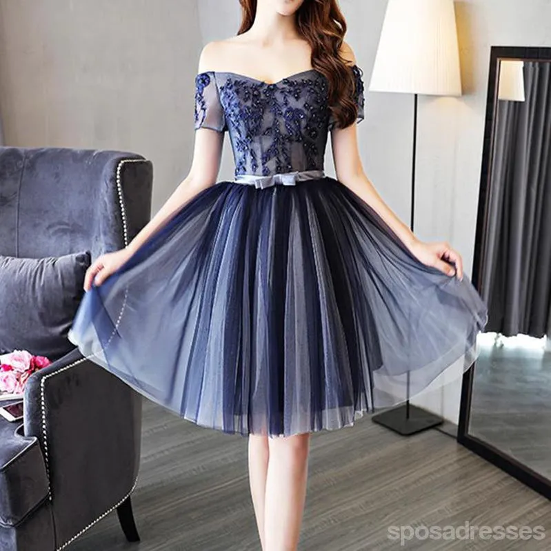 Cheap Off Shoulder Short Sleeve Navy Homecoming Dresses 2018, CM456