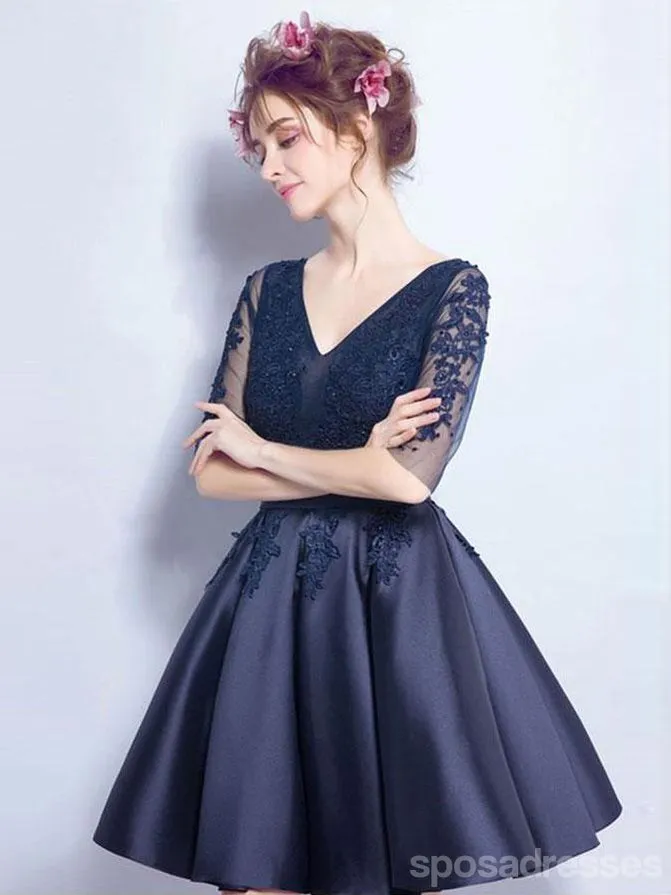 Cheap Short Cute Long Sleeve Lace Navy Homecoming Dresses 2018, CM468