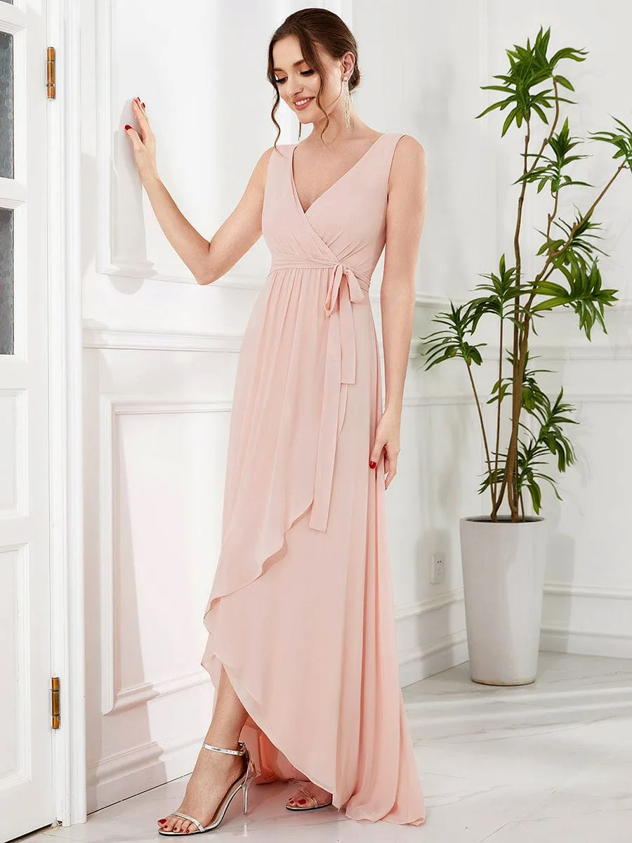 Chiffon Sleeveless Front Slit V-Neck Layered Formal Evening Dress