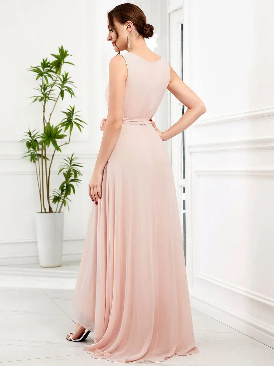 Chiffon Sleeveless Front Slit V-Neck Layered Formal Evening Dress