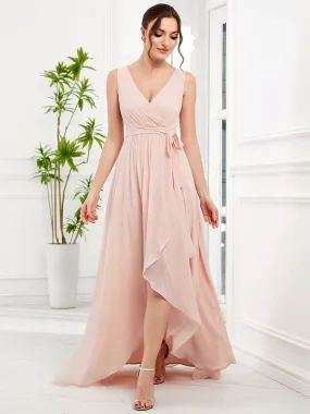 Chiffon Sleeveless Front Slit V-Neck Layered Formal Evening Dress