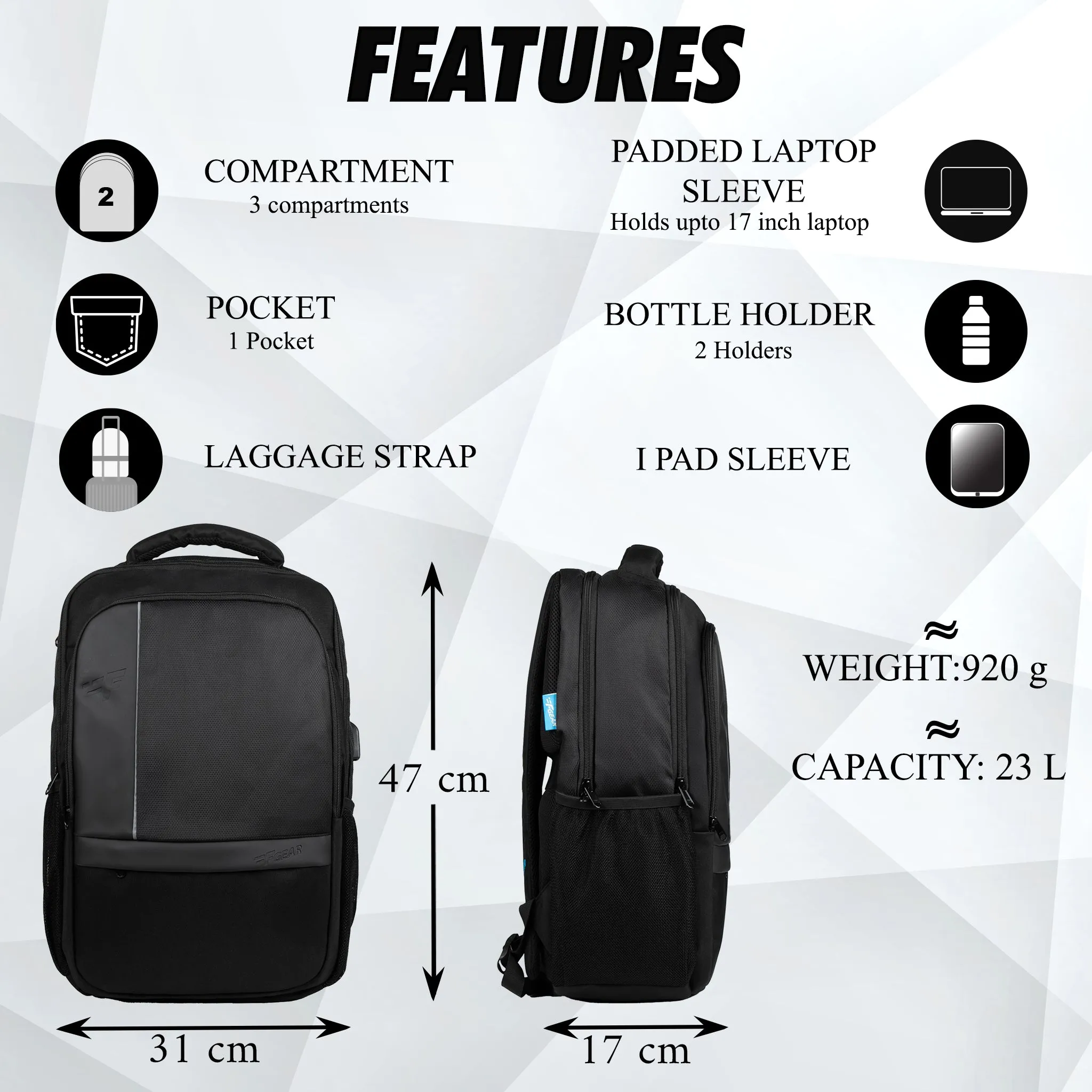 Cloud 23L Black Laptop Backpack with raincover