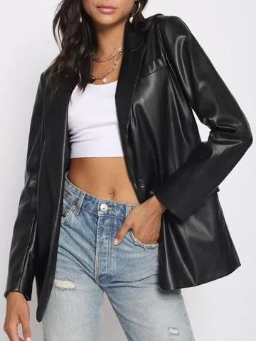 Cool Recycled One Button Vegan Leather Blazer Jacket Fall winter