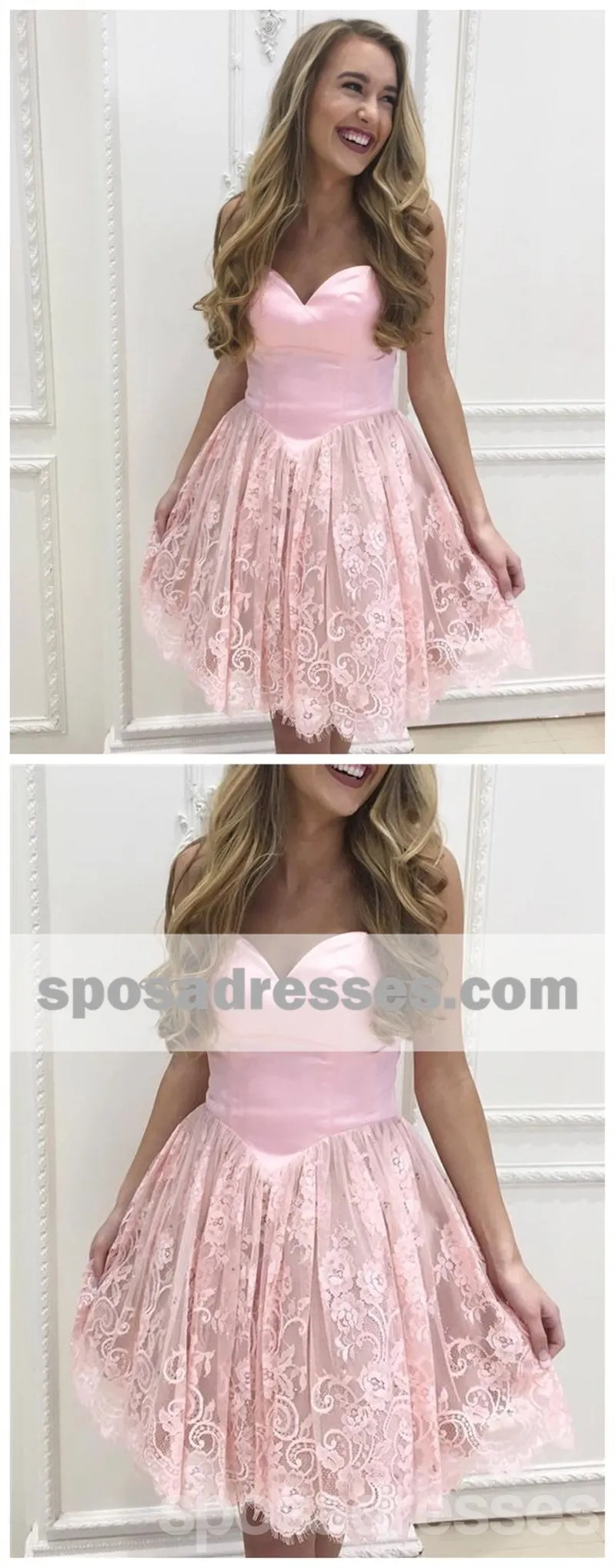 Custom Sweetheart Short Pink Lace Homecoming Dresses 2018, CM522