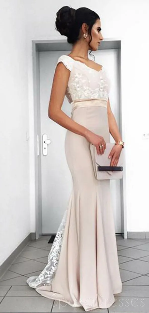 Dusty Champagne Mermaid Cap Sleeves Long Evening Prom Dresses, Cheap Sweet 16 Dresses, 18336