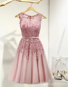 Dusty Pink Lace Beaded See Through Homecoming Prom Dresses, Affordable Short Party Prom Dresses, Perfect Homecoming Dresses, CM267