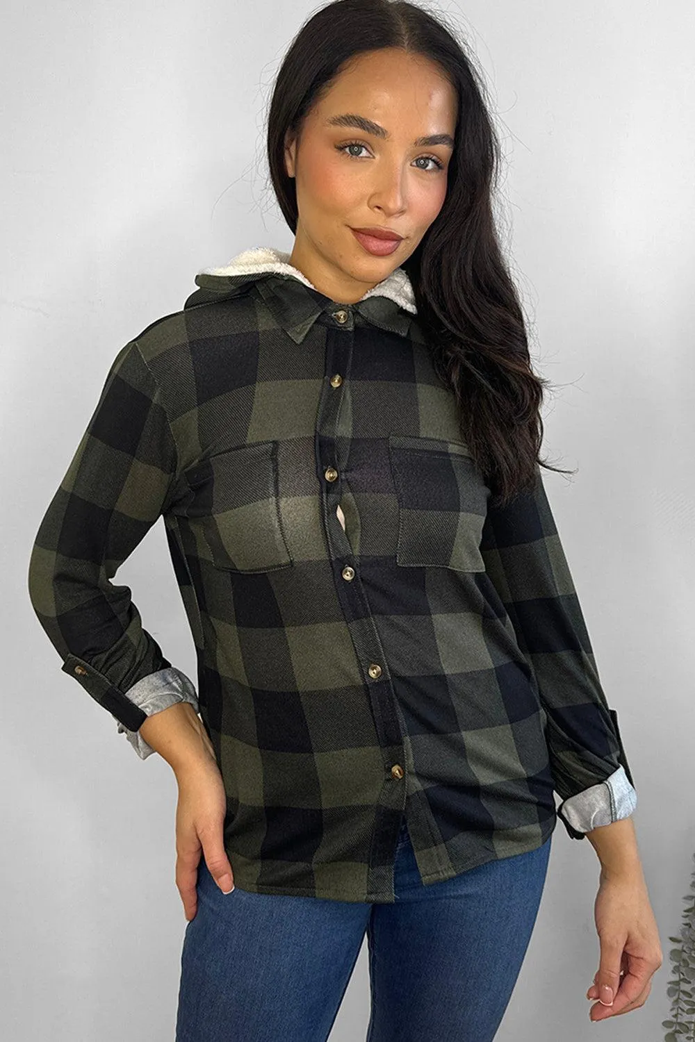 Faux Fur Lined Khaki Plaid Hoodie Shirt