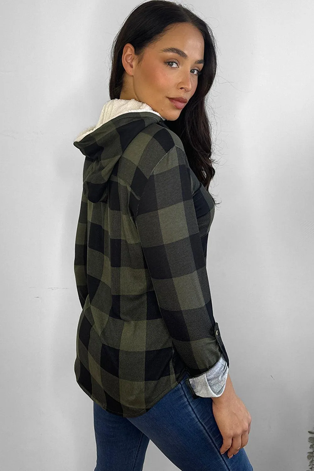 Faux Fur Lined Khaki Plaid Hoodie Shirt