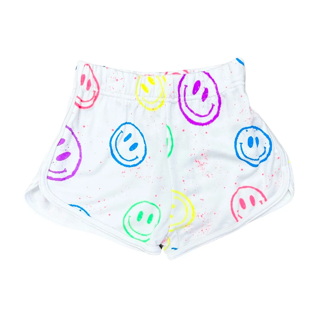 FBZ Multi Rainbow Smiley Splatter White Shorts