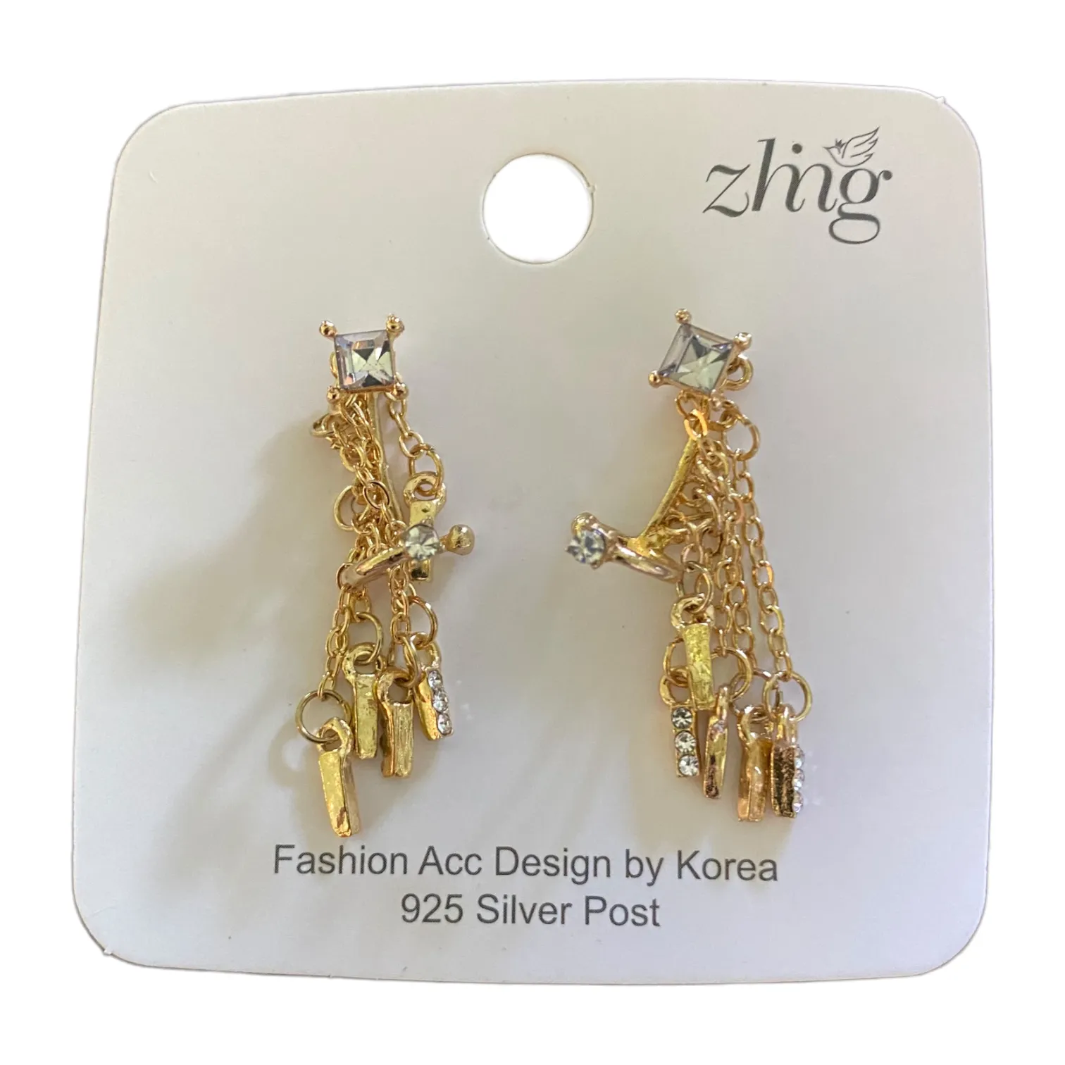 Gold & Faux Diamond Stud Earring With Dangle Ear Cuff