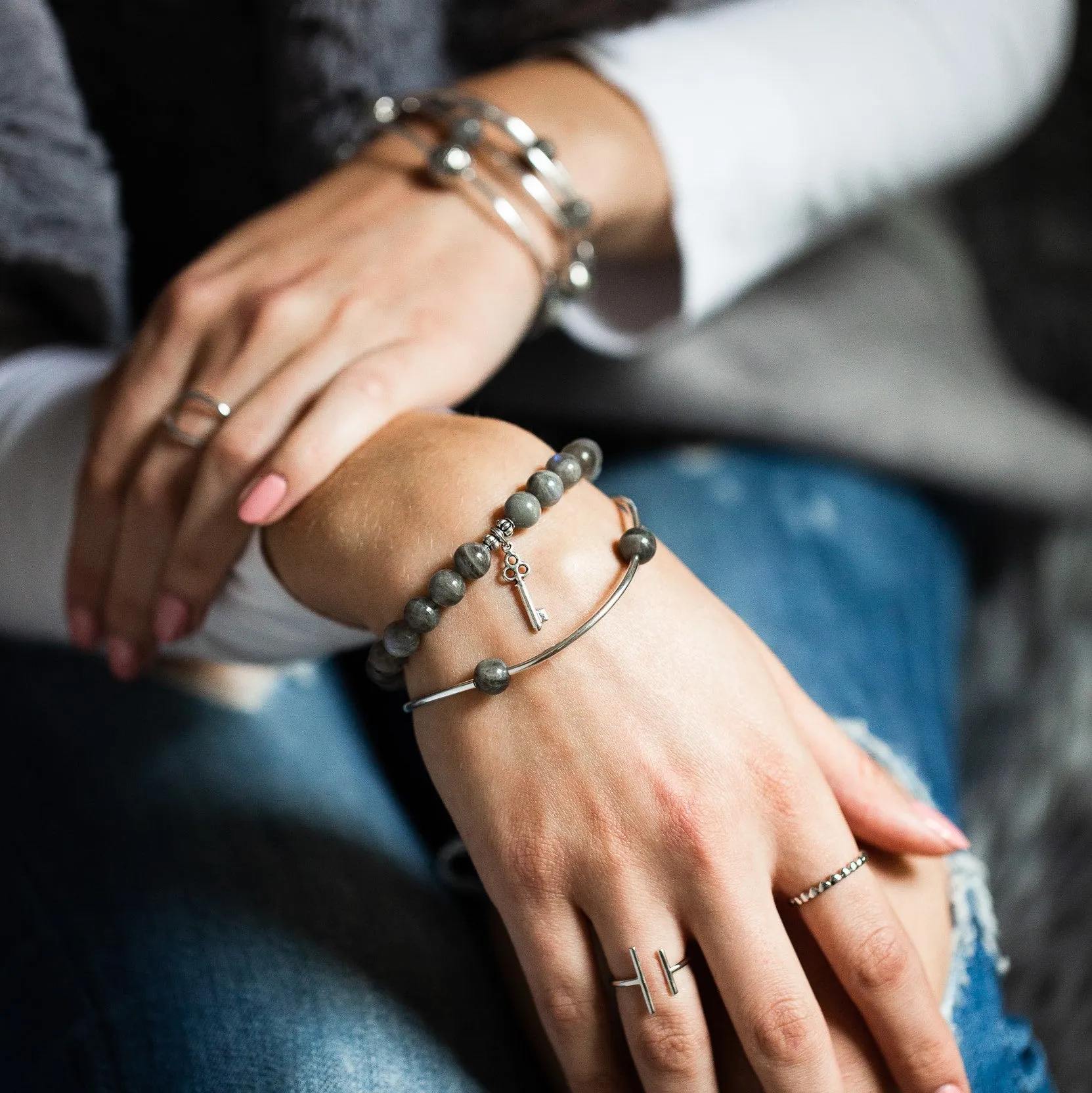 Lotus | Stone Beaded Charm Bracelet |  Onyx