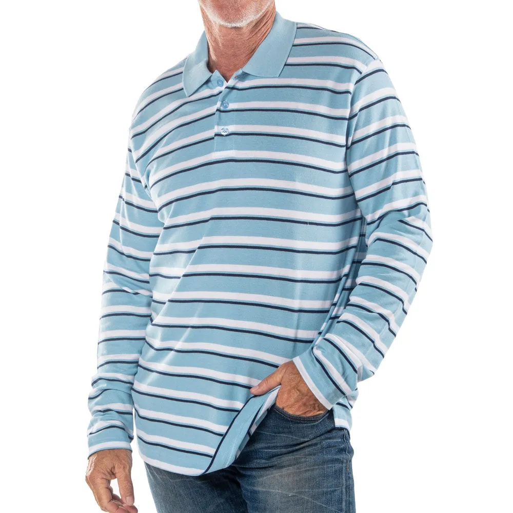 Men's Long Sleeve Light Blue Striped Cotton Traders Polo Shirt