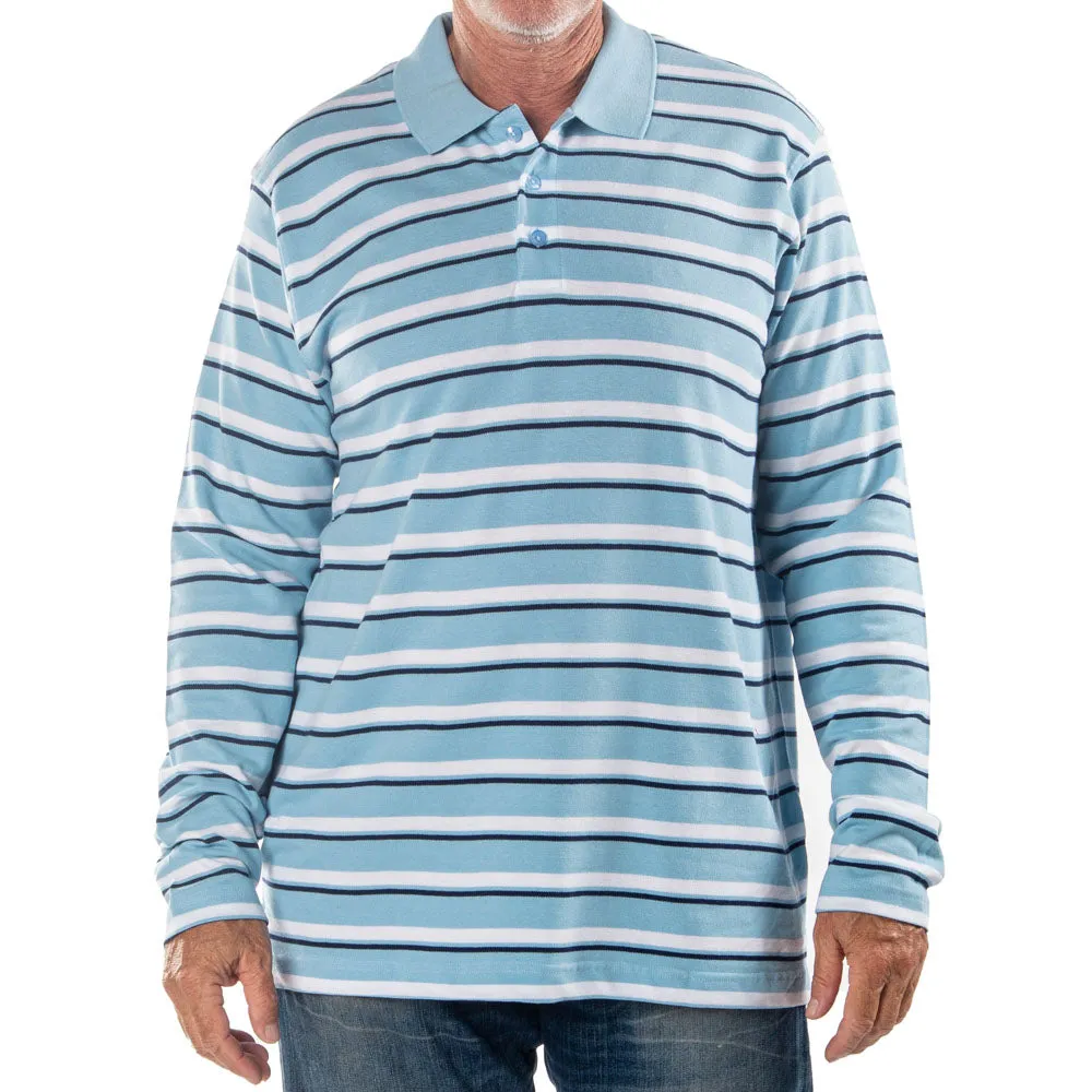 Men's Long Sleeve Light Blue Striped Cotton Traders Polo Shirt