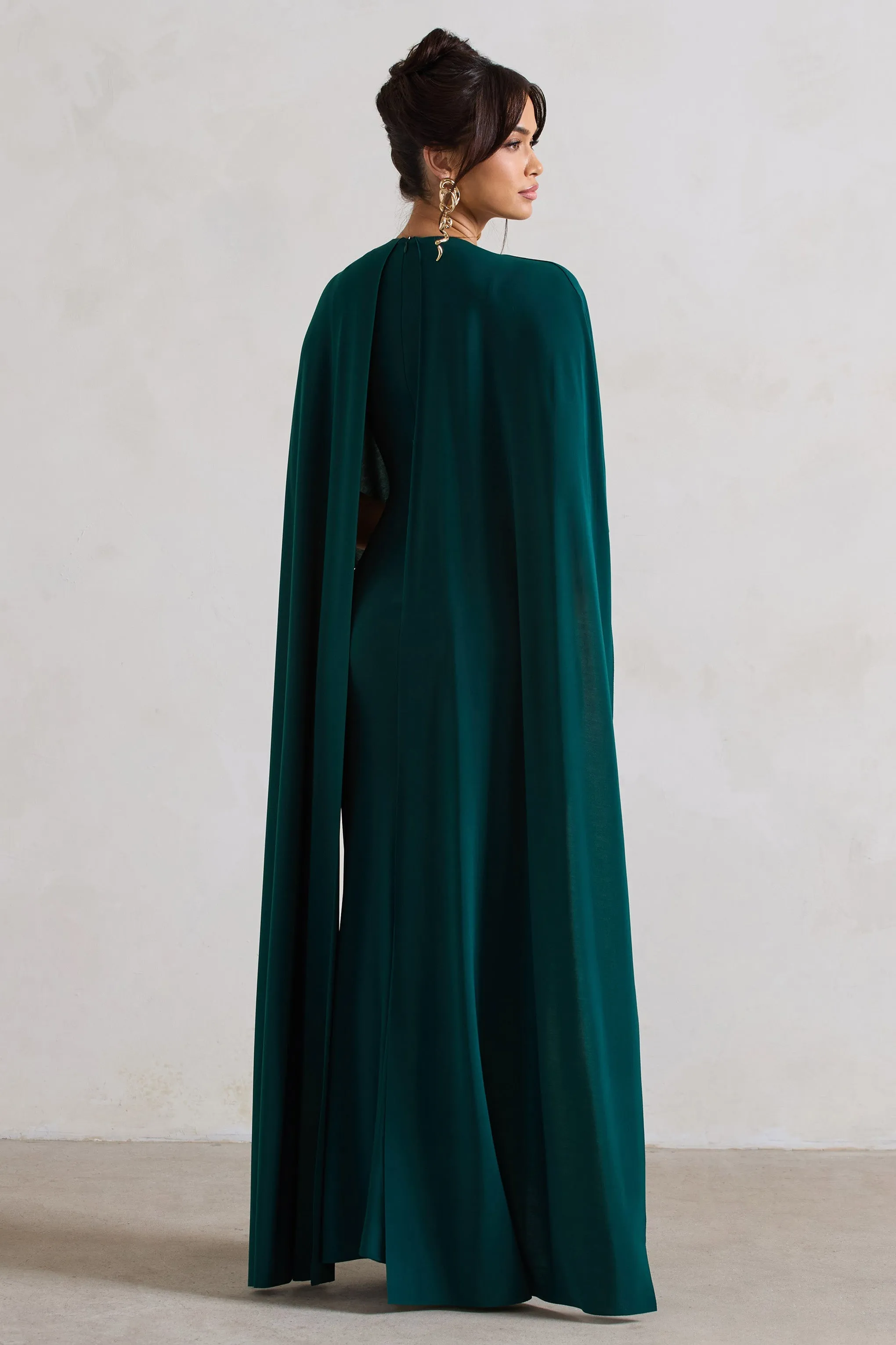 Padma | Robe longue vert bouteille drapée à manches cape