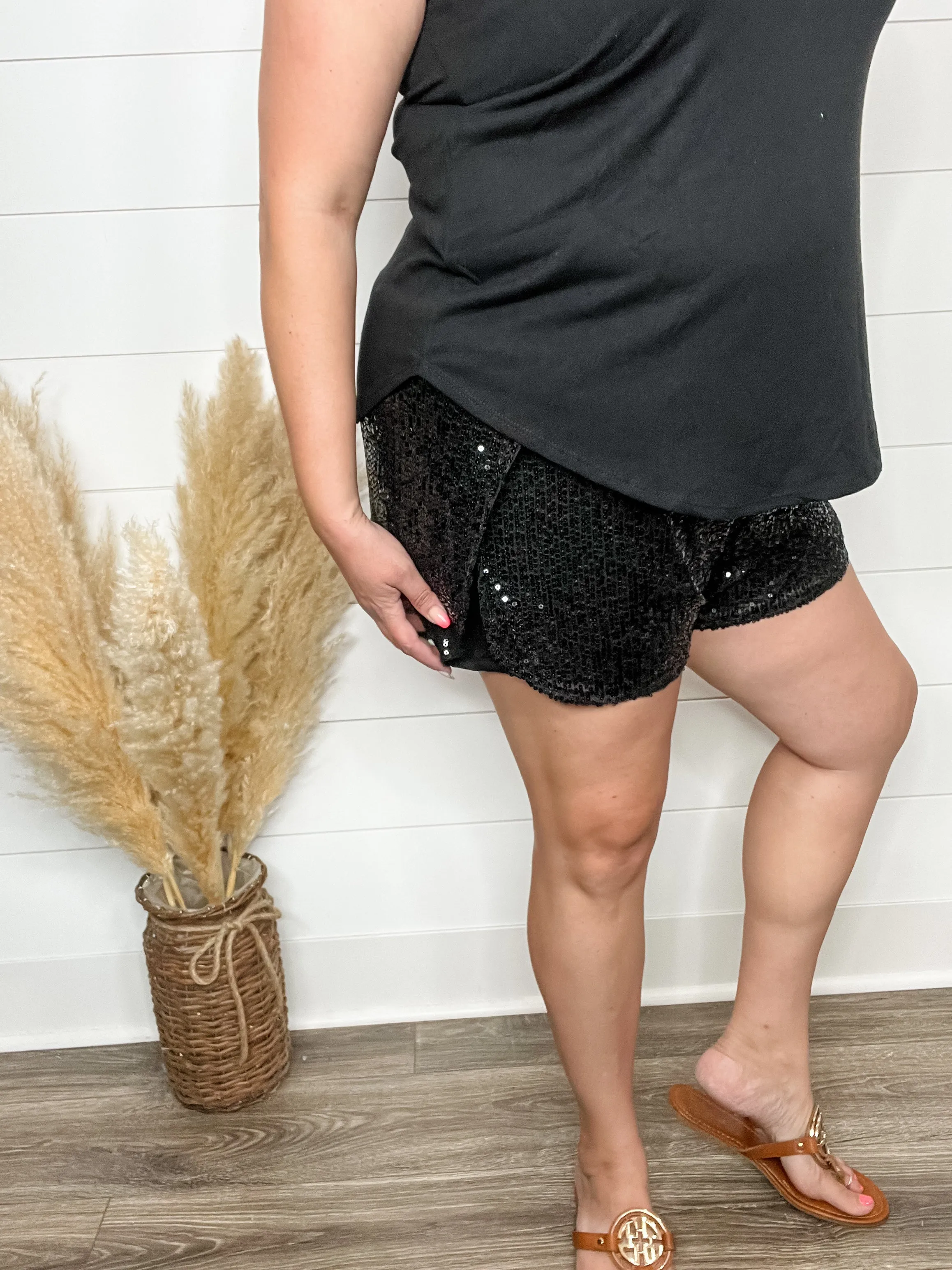 "Divine" Sequin Drawstring Waist Shorts (Black)