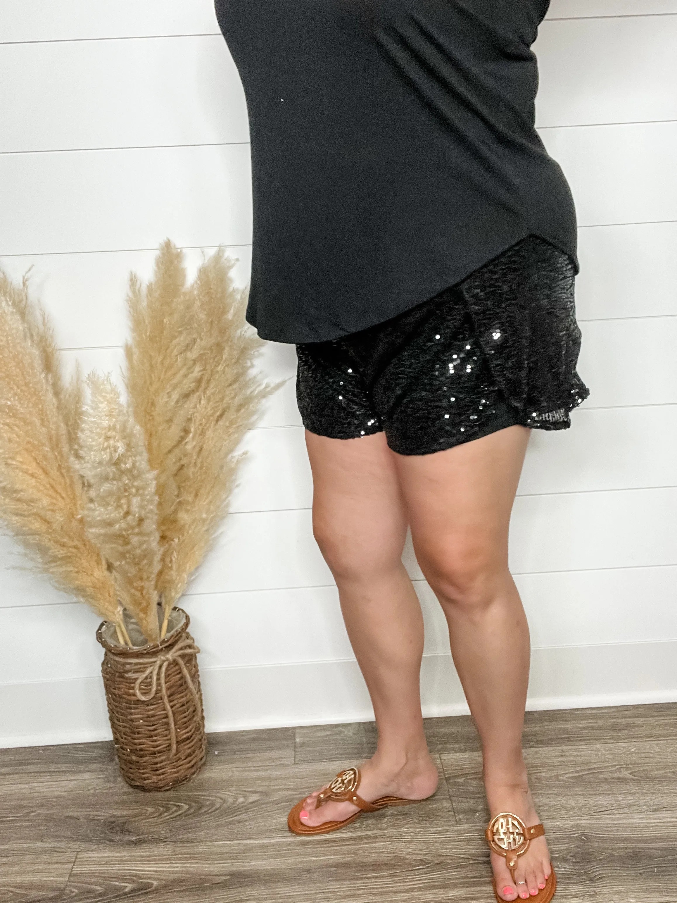 "Divine" Sequin Drawstring Waist Shorts (Black)