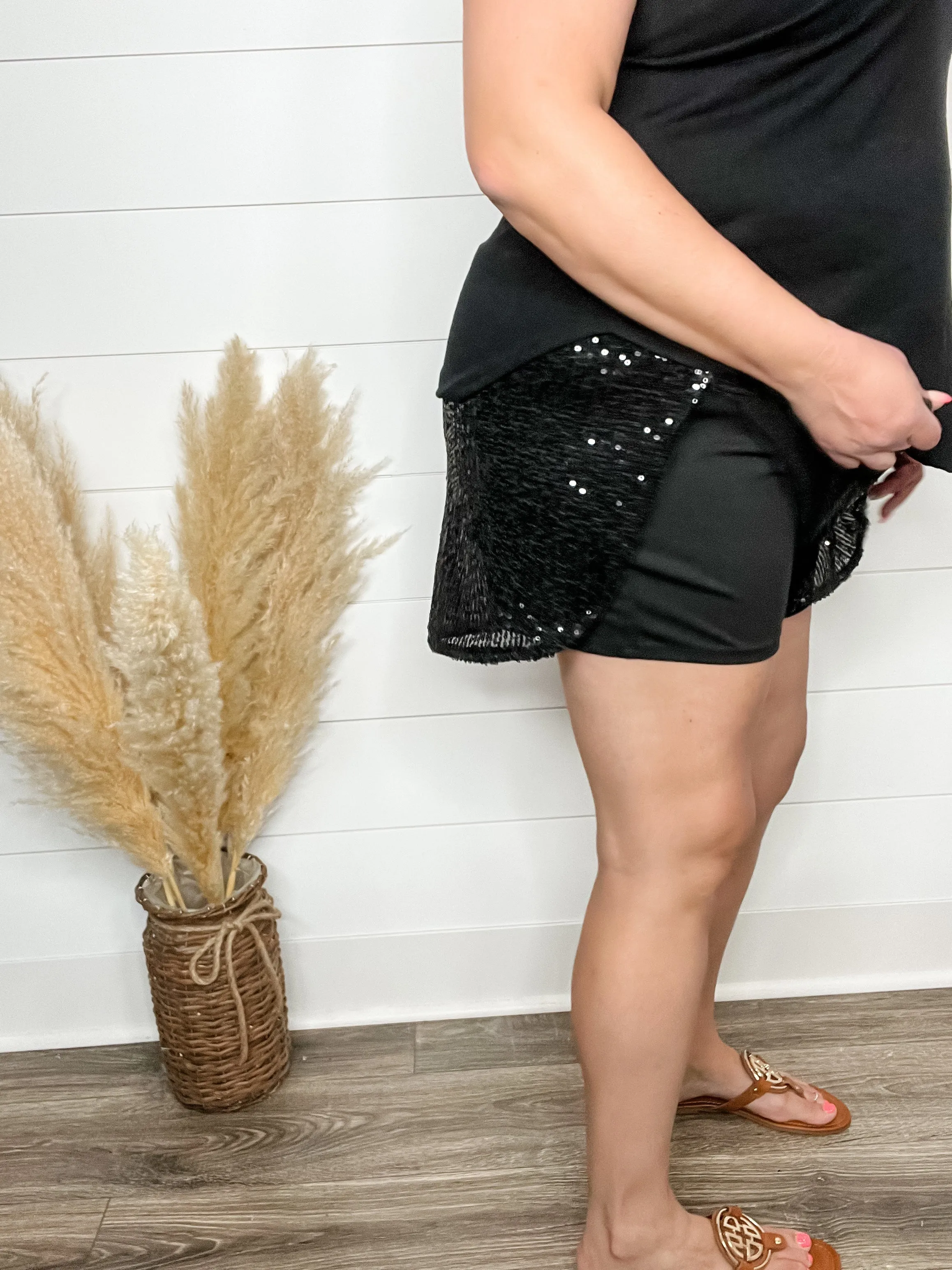 "Divine" Sequin Drawstring Waist Shorts (Black)