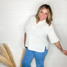 "Honey Bee" Short Sleeve Faux Button Detail Waffle Texture Tops (Ivory)