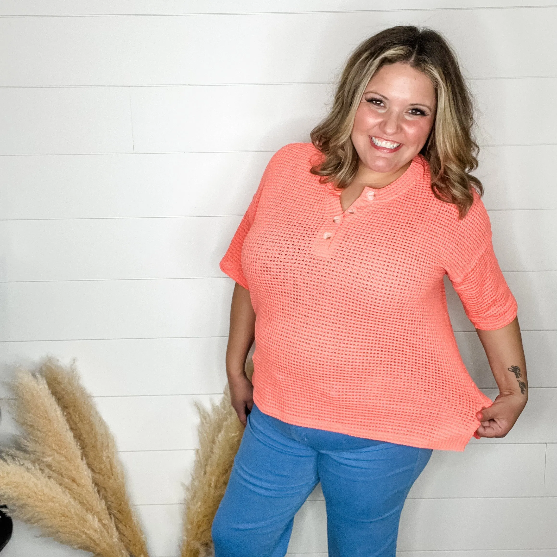 "Honey Bee" Short Sleeve Faux Button Detail Waffle Texture Tops (Neon Coral)