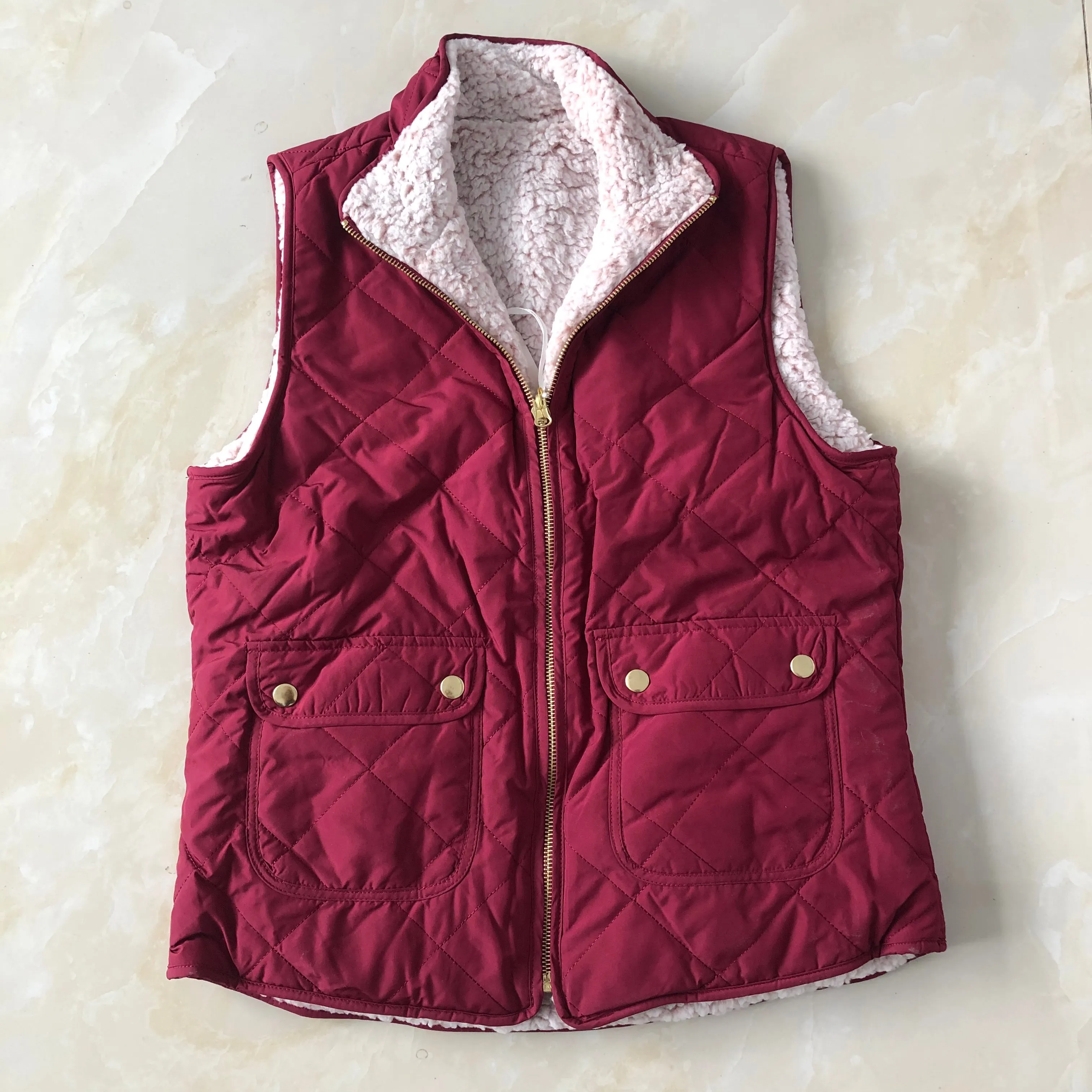 Reversible Cotton Faux Fur Lined Sherpa Shearling Vest With Pockets