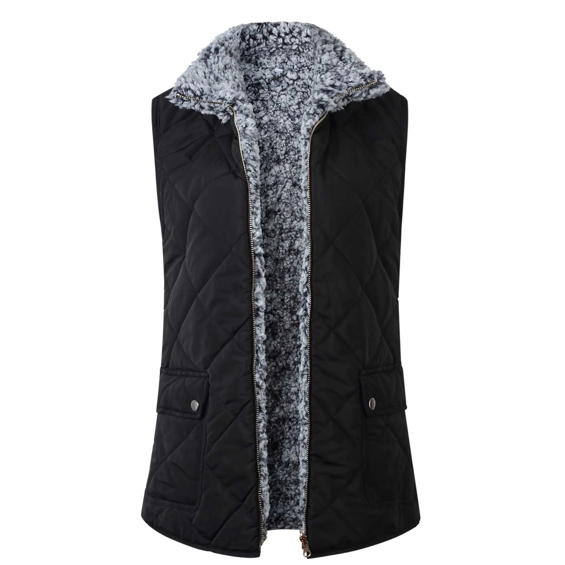 Reversible Cotton Faux Fur Lined Sherpa Shearling Vest With Pockets