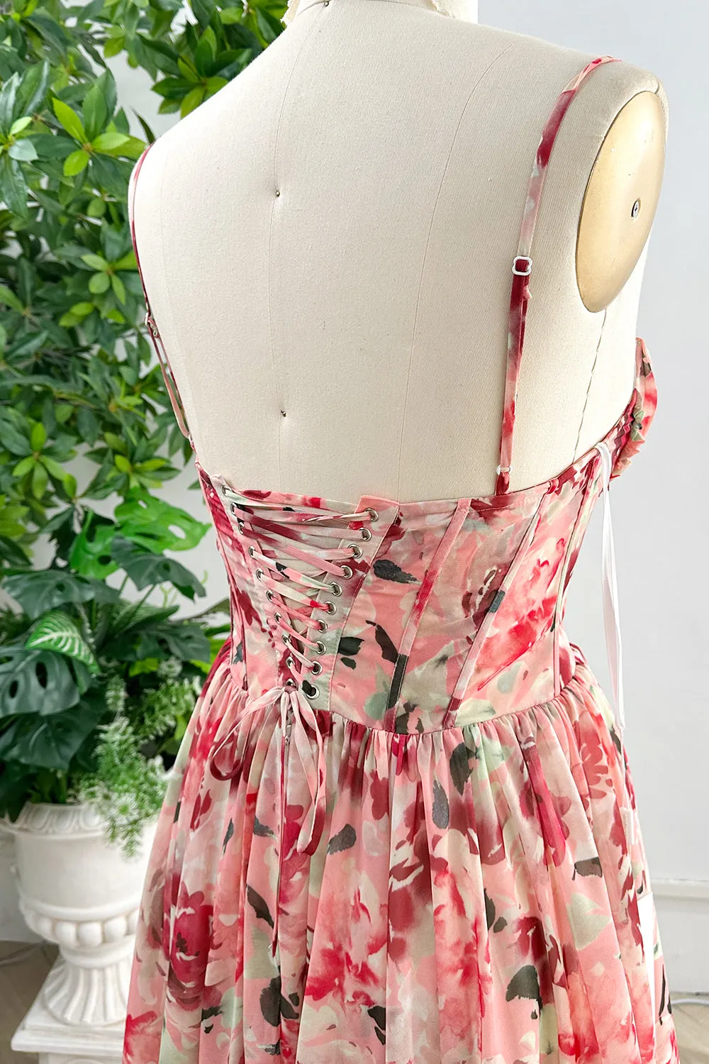 Spaghetti Straps Corset V Neck Floral Print Chiffon High Low Dress