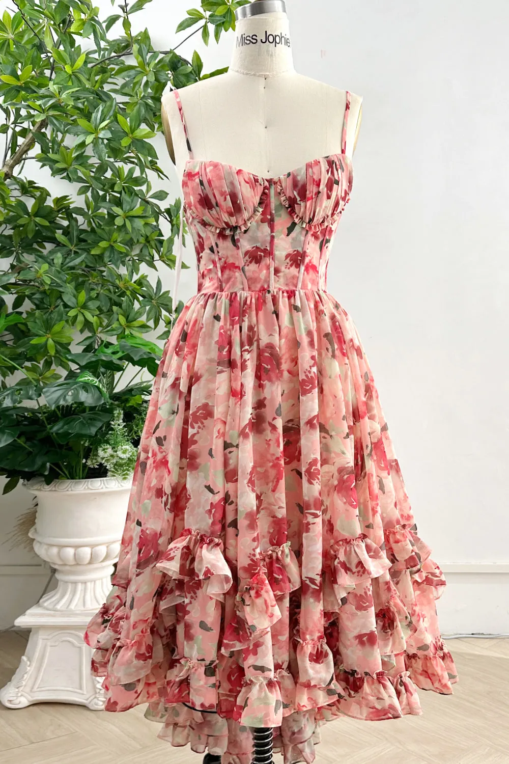 Spaghetti Straps Corset V Neck Floral Print Chiffon High Low Dress