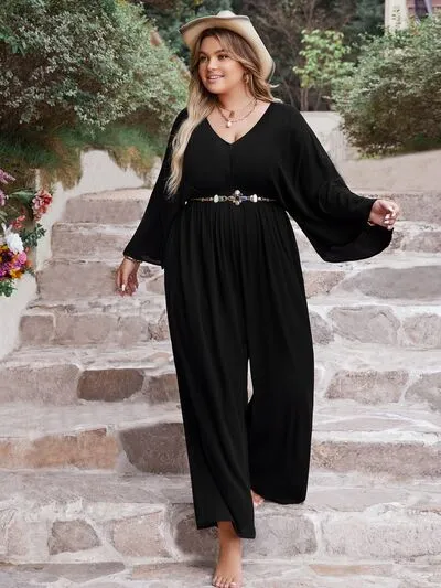 Sunset Vacation Plus Size Overall mit V-Ausschnitt, langen Ärmeln und weitem Bein