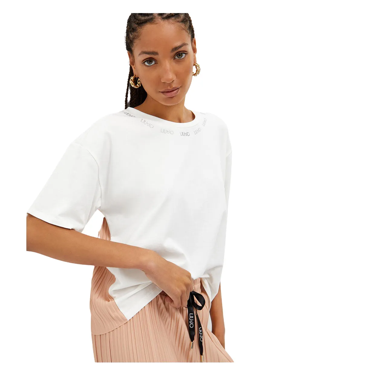 T-shirt Donna Liu-Jo Jersey Plissé Bianco / Rosa