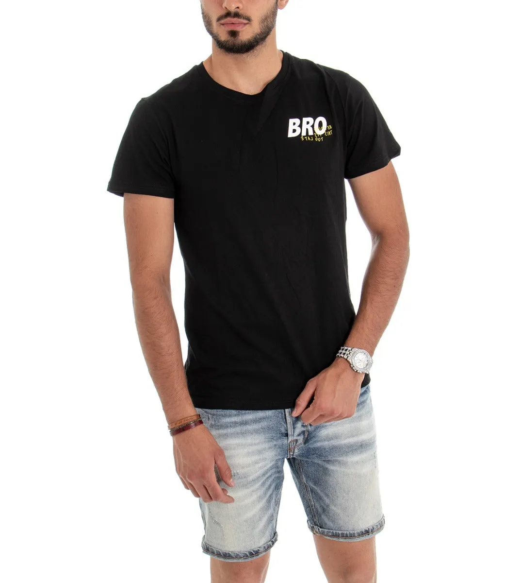 T-shirt Uomo Maglia Manica Corta Stampa Tinta Unita Nera Slim GIOSAL