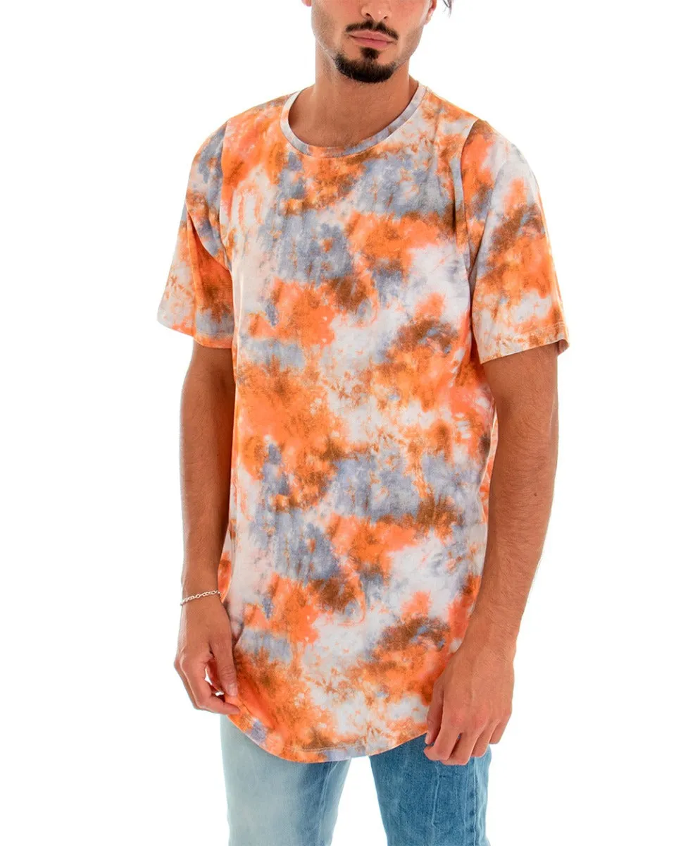 T-shirt Uomo Maglia Maniche Corte Over Effetto Tie Dye Arancio Girocollo GIOSAL