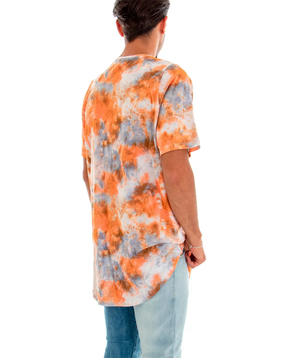 T-shirt Uomo Maglia Maniche Corte Over Effetto Tie Dye Arancio Girocollo GIOSAL