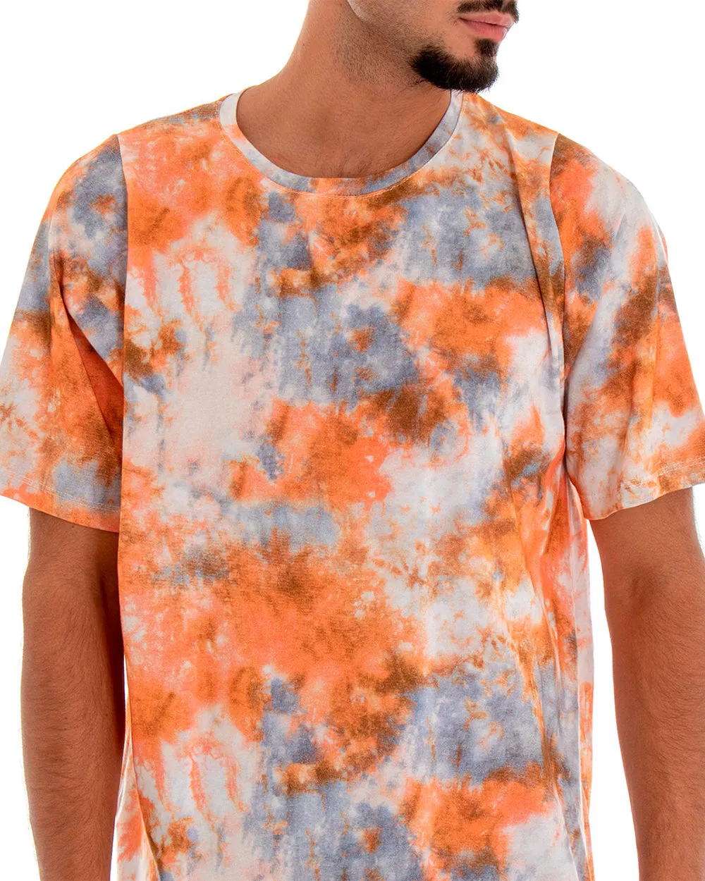 T-shirt Uomo Maglia Maniche Corte Over Effetto Tie Dye Arancio Girocollo GIOSAL