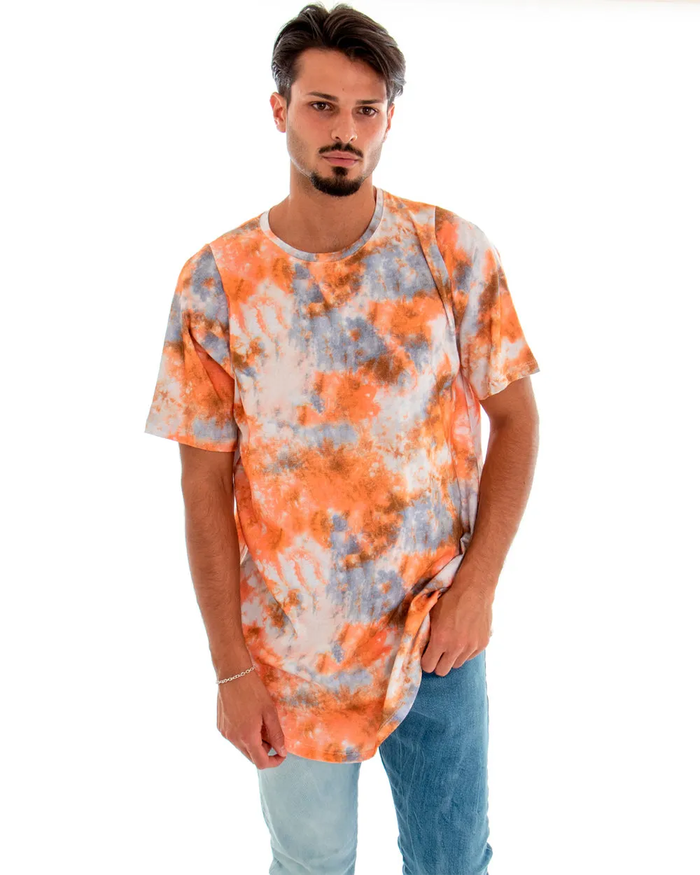 T-shirt Uomo Maglia Maniche Corte Over Effetto Tie Dye Arancio Girocollo GIOSAL